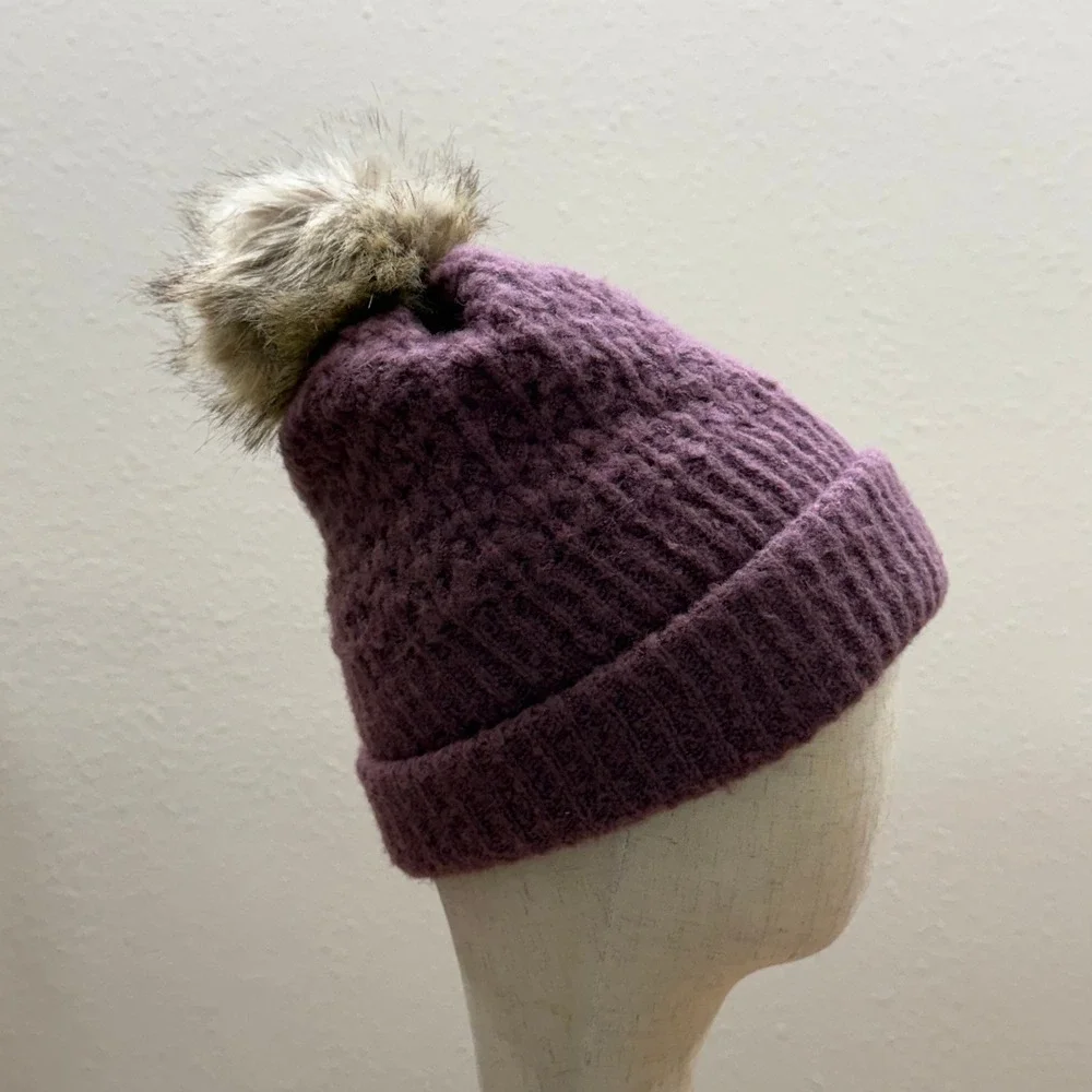 C.C Exclusives Fur Pom Pom Dark Rose Mauve Chunky Knit Ribbed Beanie Hat OneSize